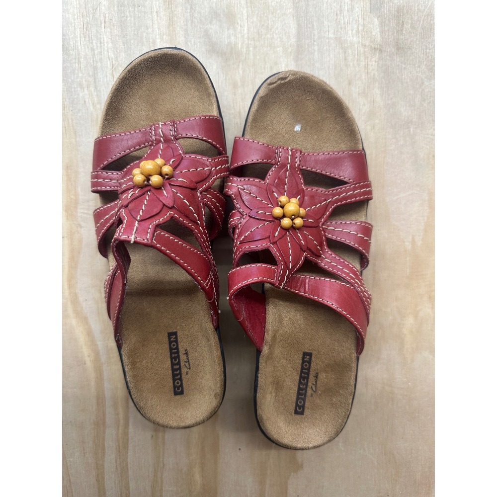 Clarks Collection Womens Red Leather Floral Bead Slide Sandals Size 7 M